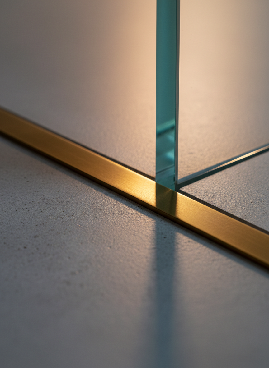 Polished concrete meeting brass trim - luxury construction materials