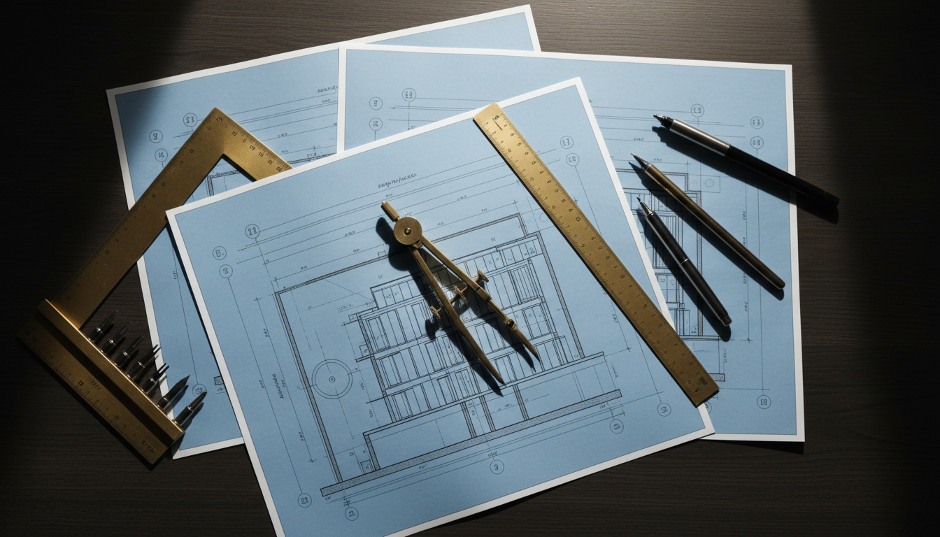 Architectural blueprints and precision instruments